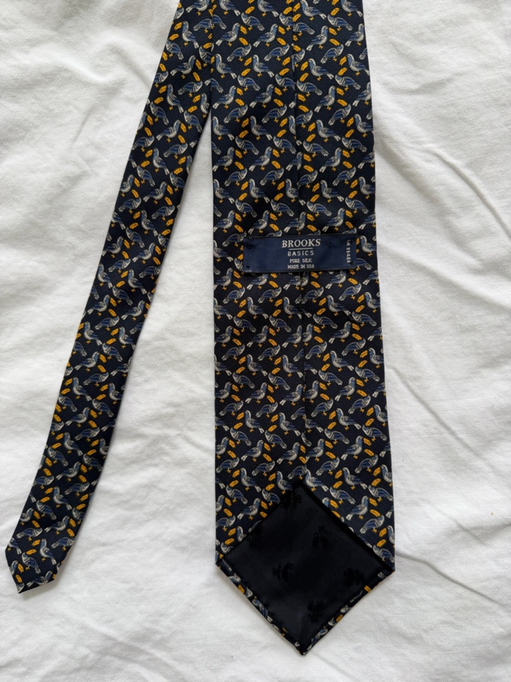 Brooks Navy Silk Tie with Gold and Gray Paisley Motif